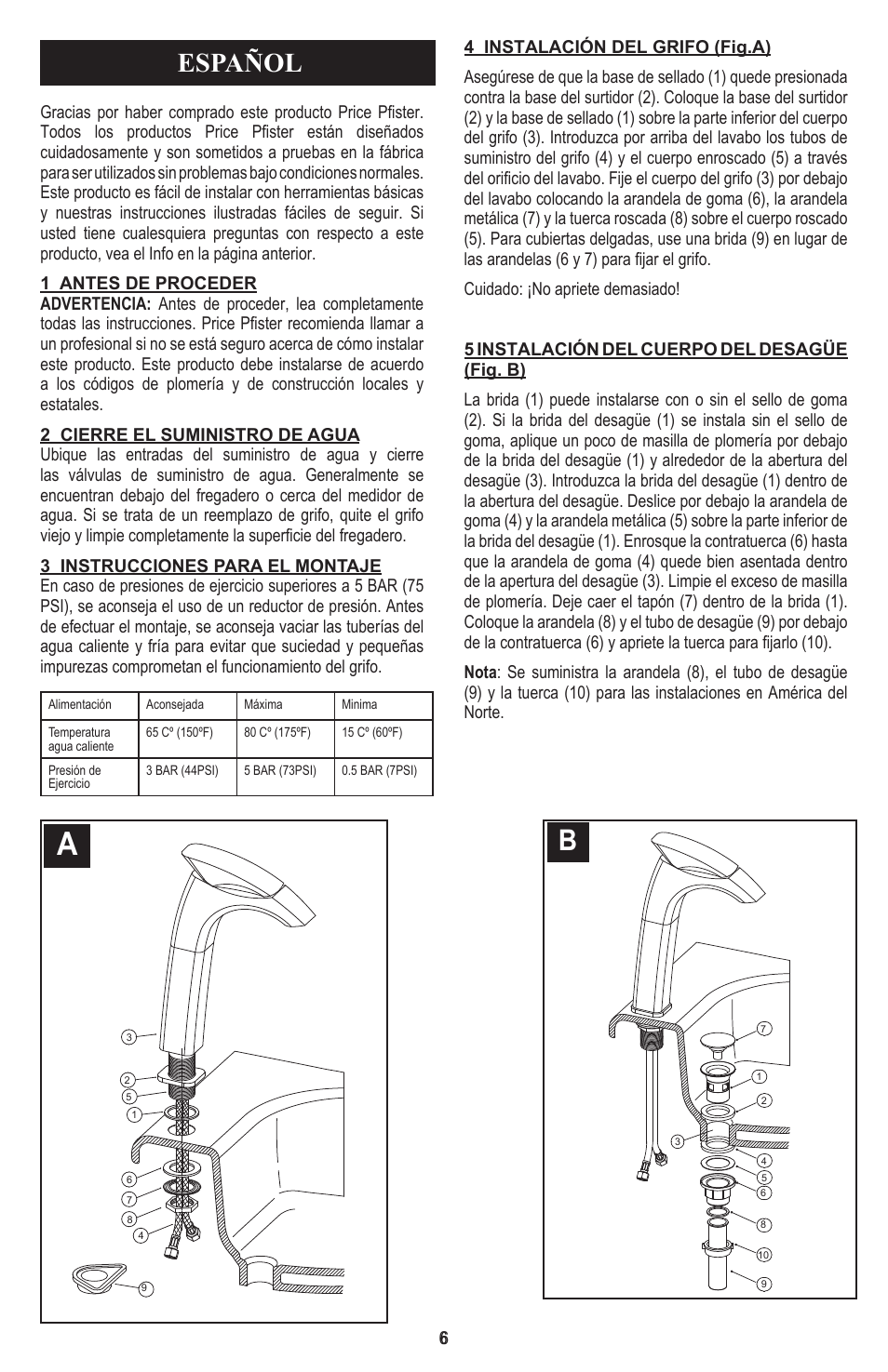 Español | Pfister 040-CNFC/040-CNFCA User Manual | Page 6 / 12