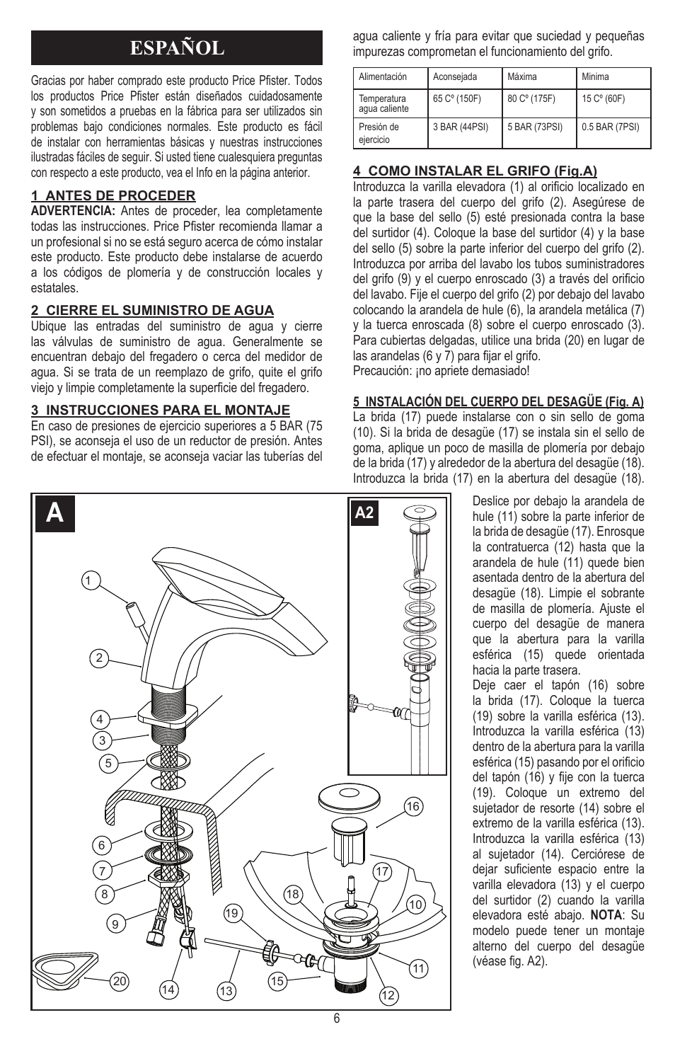 Español | Pfister 042-CNFC/042-CNFCA User Manual | Page 6 / 12