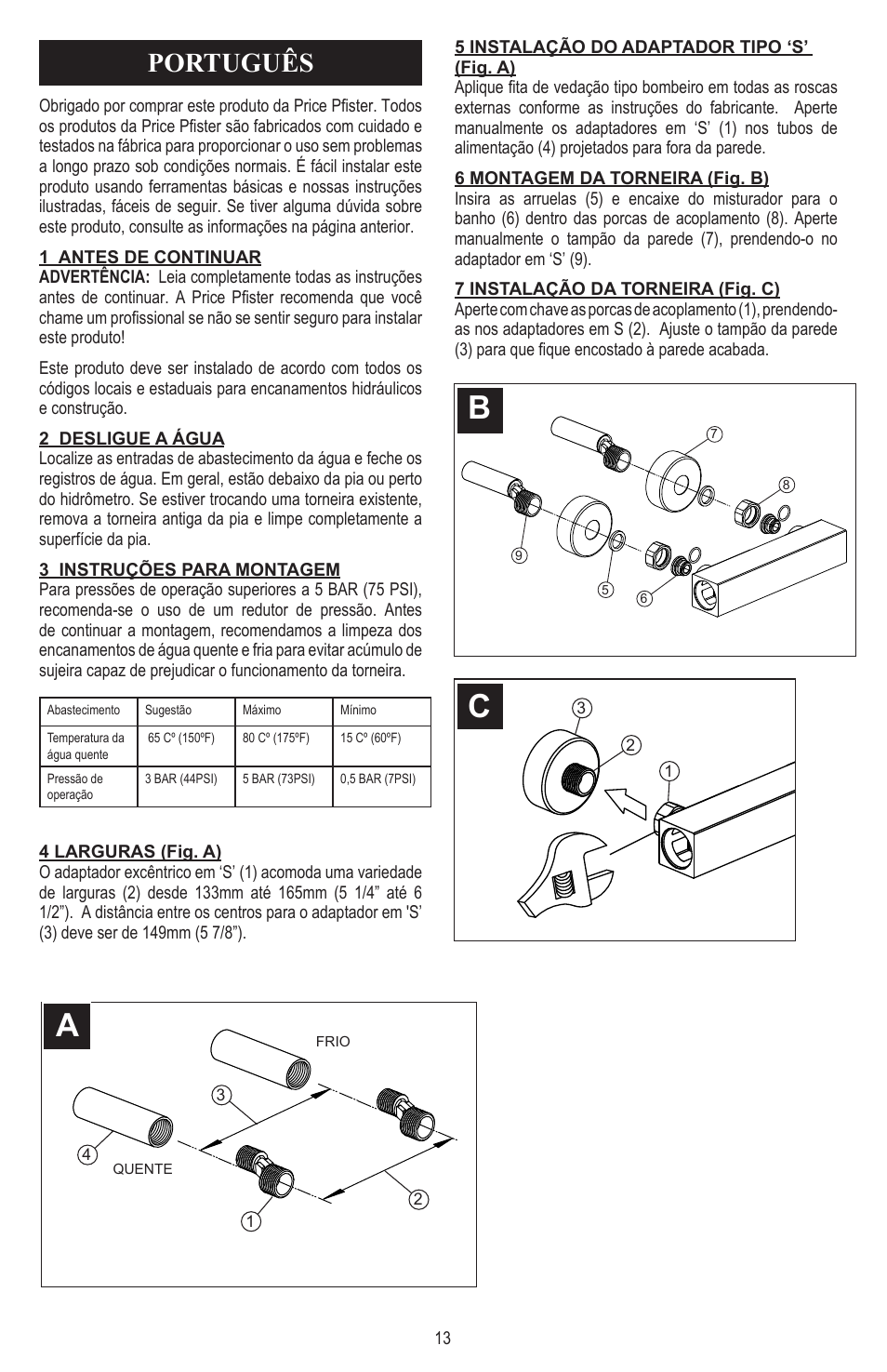 Português | Pfister 8E8-CT1C User Manual | Page 13 / 16