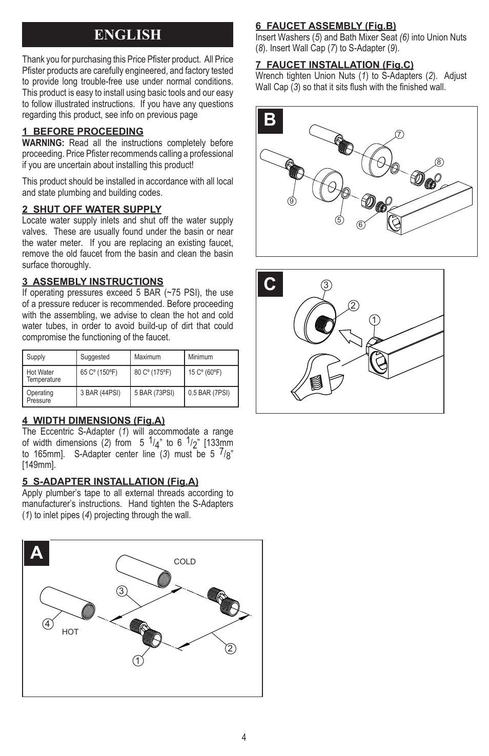 English | Pfister 8E8-CT1C User Manual | Page 4 / 16