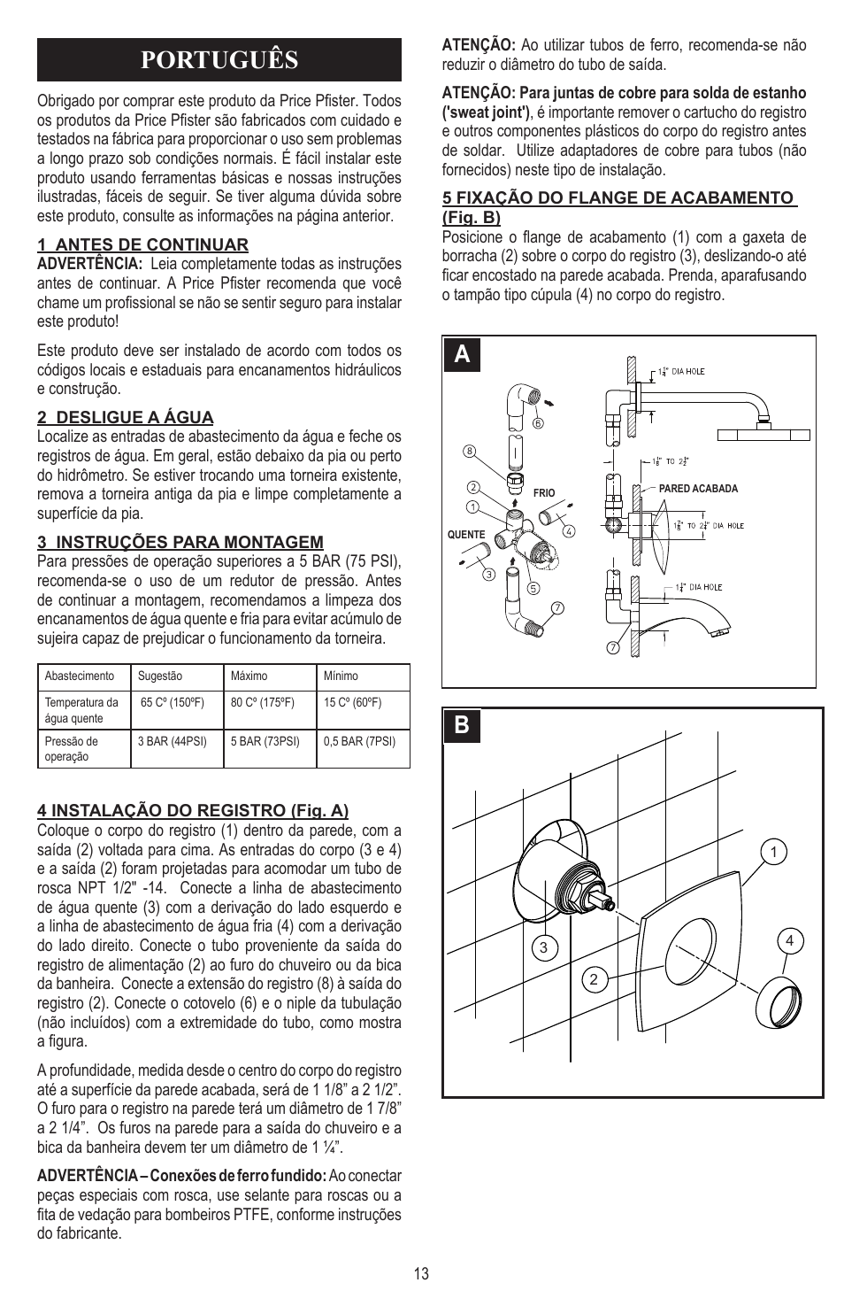 Português | Pfister 8N8-CT0C User Manual | Page 13 / 16