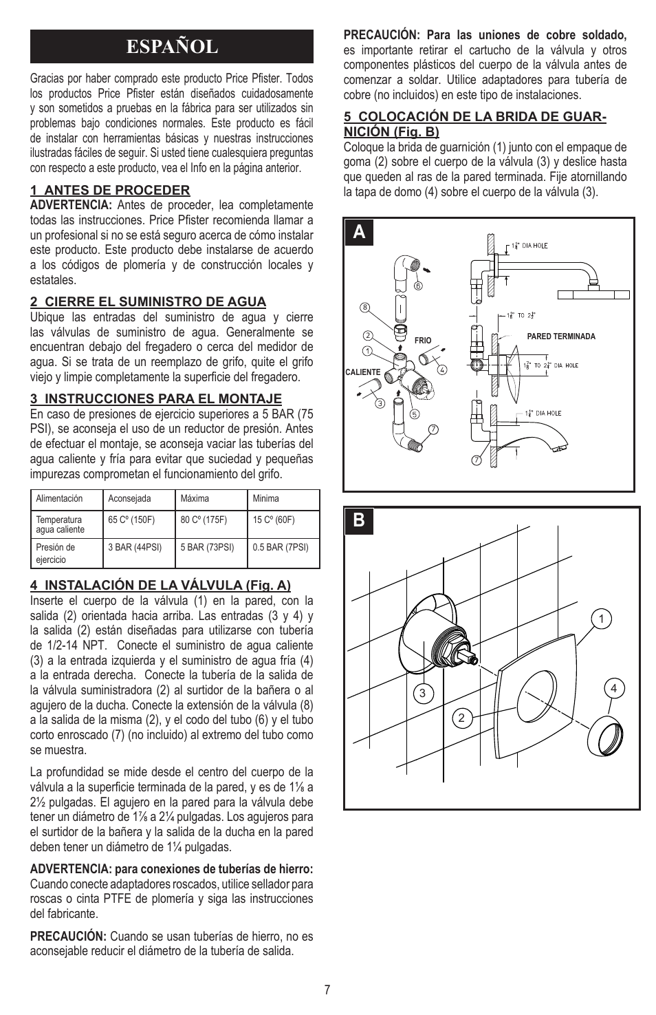 Español | Pfister 8N8-CT0C User Manual | Page 7 / 16