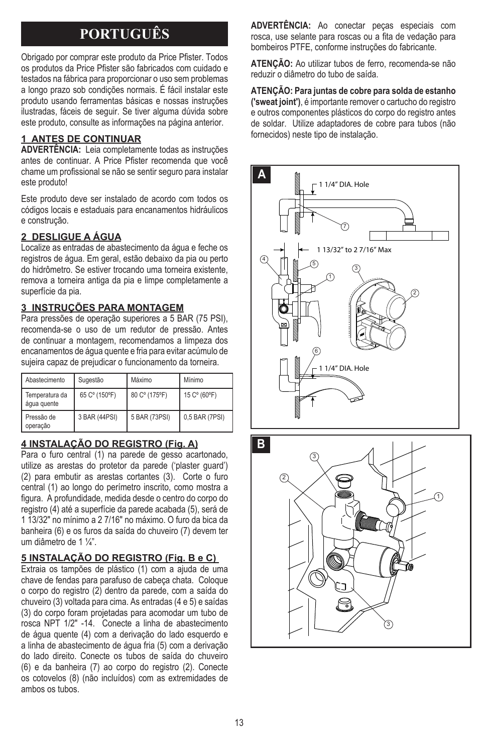 Português | Pfister 8N8-CT1C User Manual | Page 13 / 16