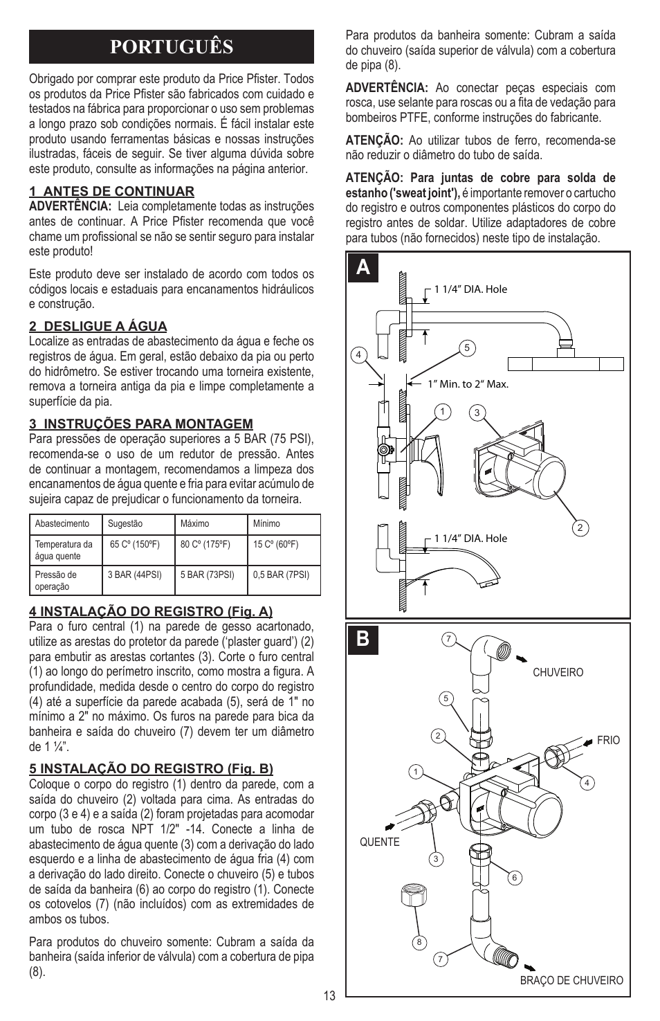 Português | Pfister 8P5-CS1C User Manual | Page 13 / 16