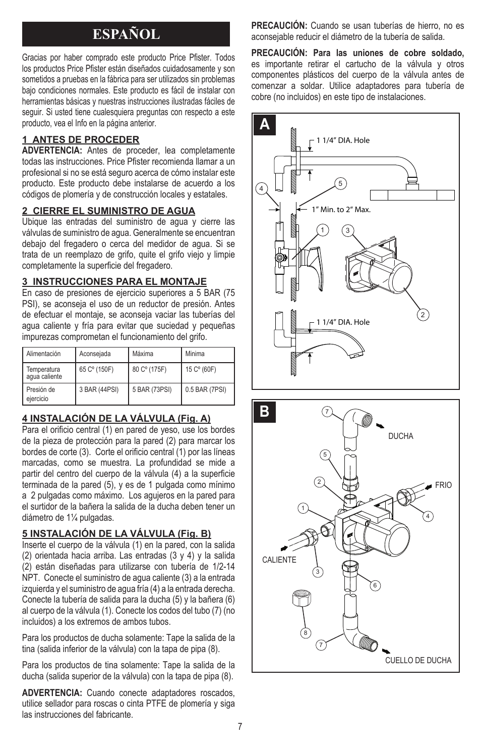 Español | Pfister 8P5-CS1C User Manual | Page 7 / 16