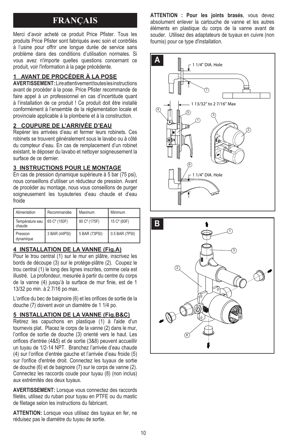 Français | Pfister 8P8-CT1C User Manual | Page 10 / 16