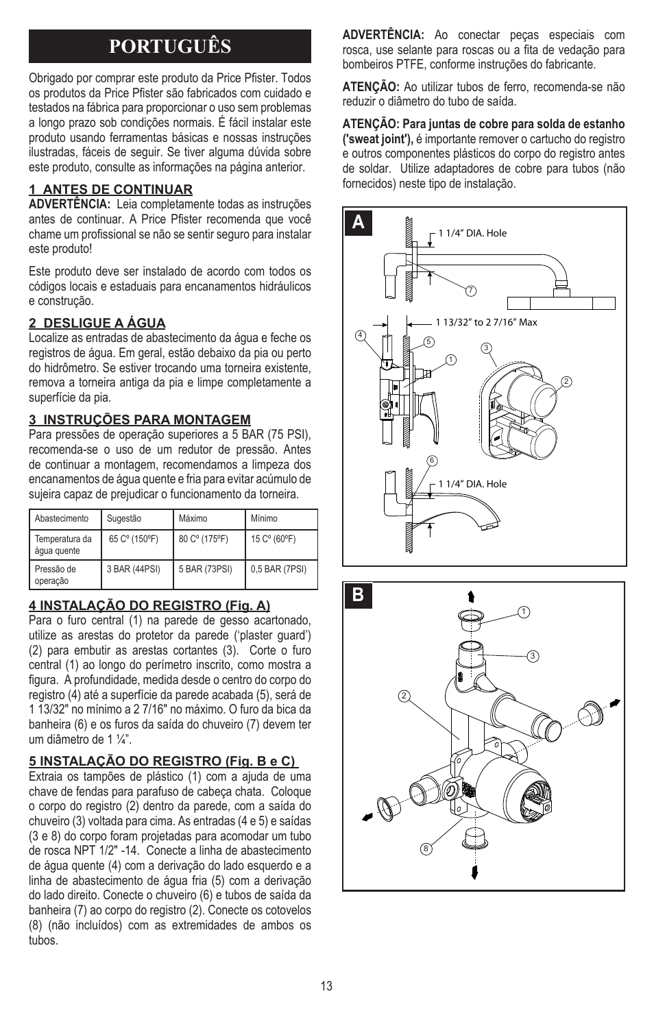 Português | Pfister 8P8-CT1C User Manual | Page 13 / 16
