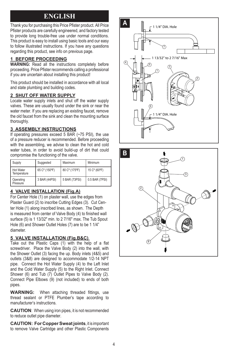 English | Pfister 8P8-CT1C User Manual | Page 4 / 16