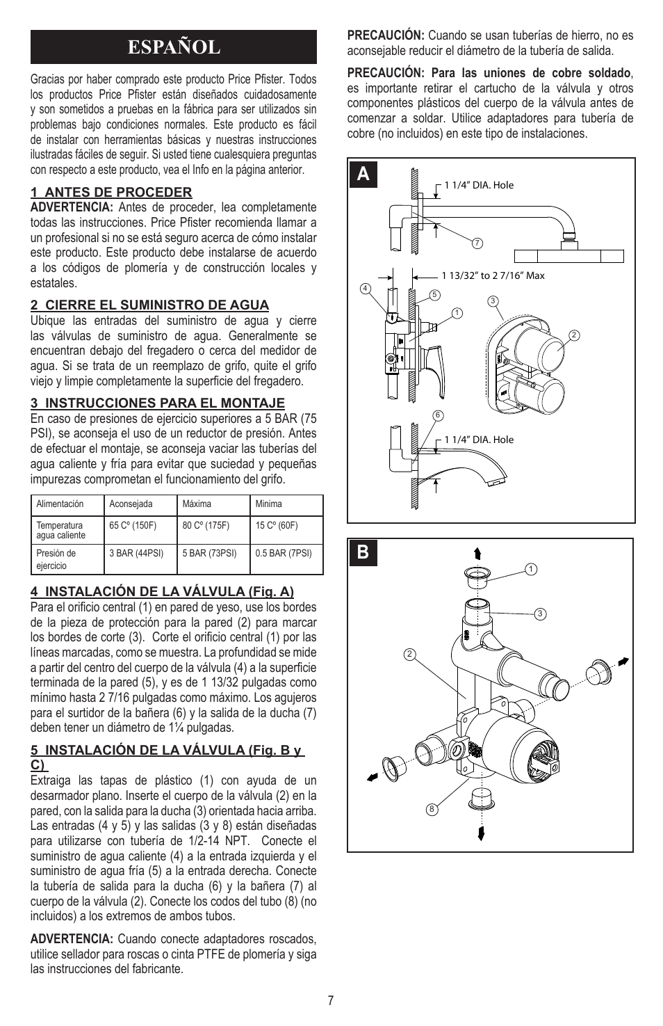 Español | Pfister 8P8-CT1C User Manual | Page 7 / 16