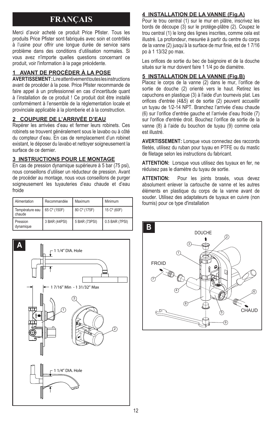 Français | Pfister 8T5-CS0C User Manual | Page 12 / 20