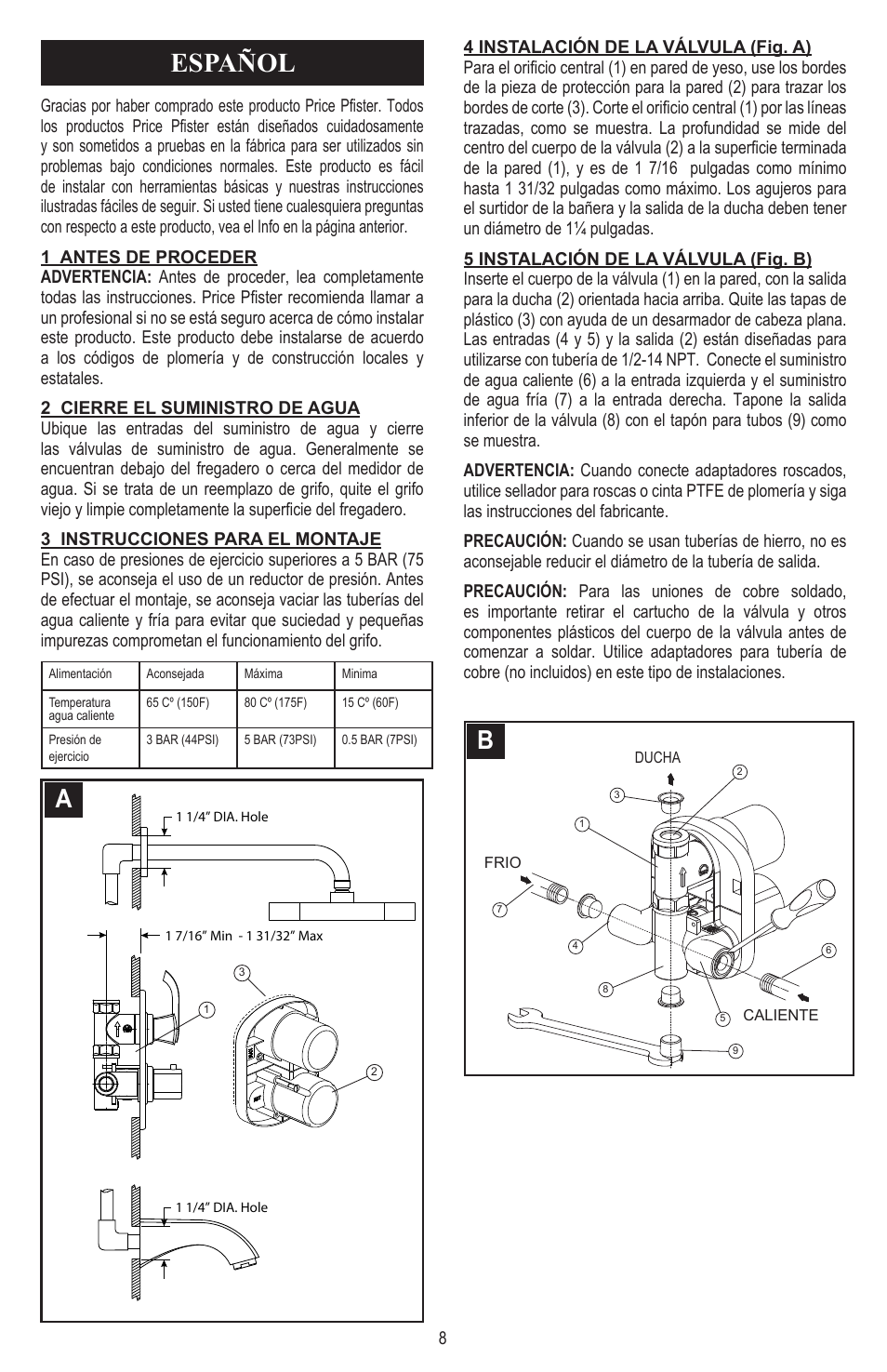 Español | Pfister 8T5-CS1C User Manual | Page 8 / 20