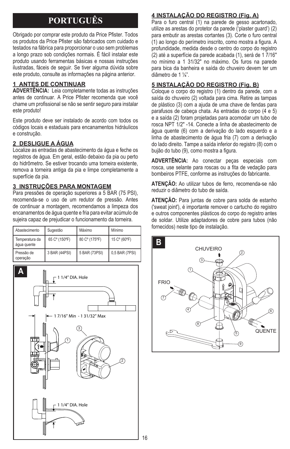 Português | Pfister 8T8-CT0C User Manual | Page 16 / 20