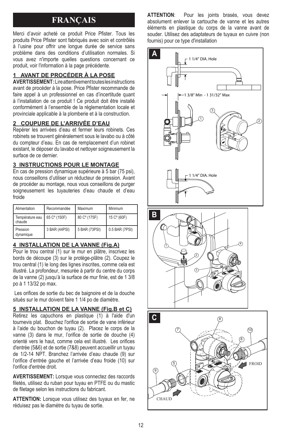 Français | Pfister 8T8-CT1C User Manual | Page 12 / 20