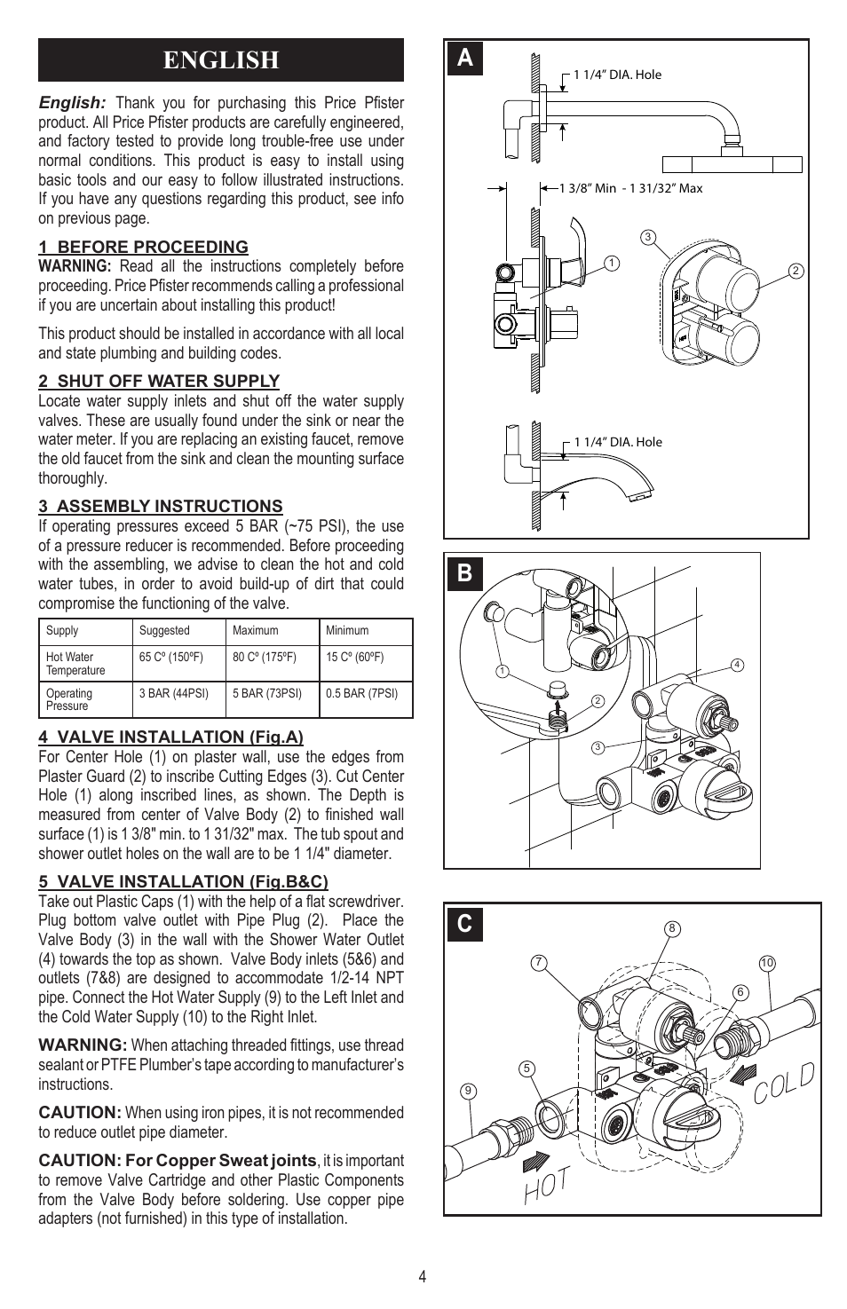 English | Pfister 8T8-CT1C User Manual | Page 4 / 20