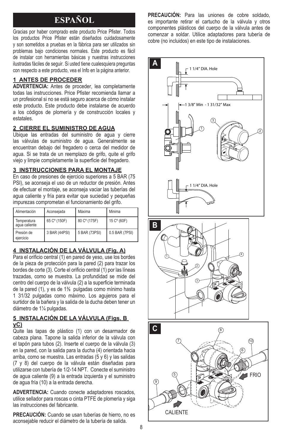 Español | Pfister 8T8-CT1C User Manual | Page 8 / 20