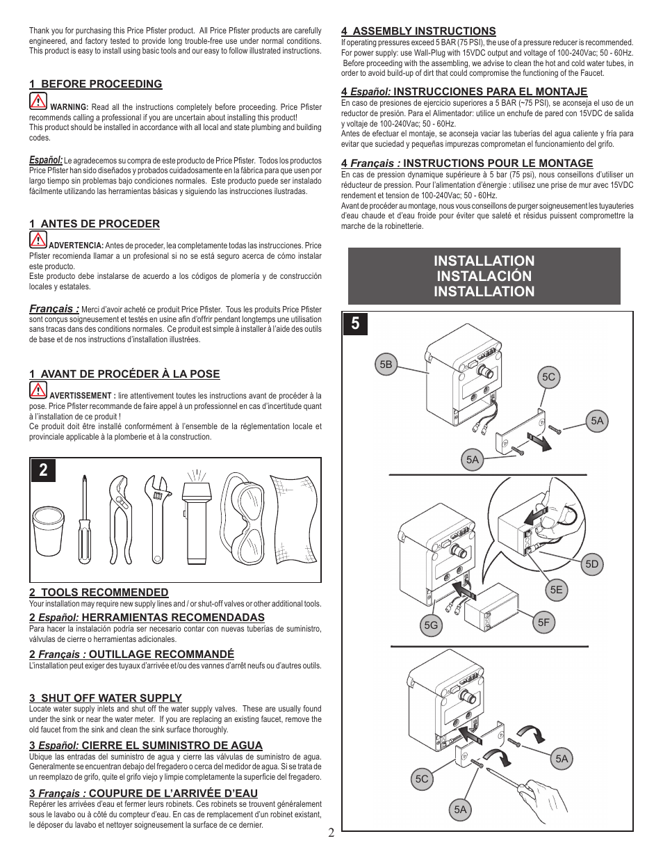 Installation instalación installation | Pfister 527-1PNK User Manual | Page 2 / 8