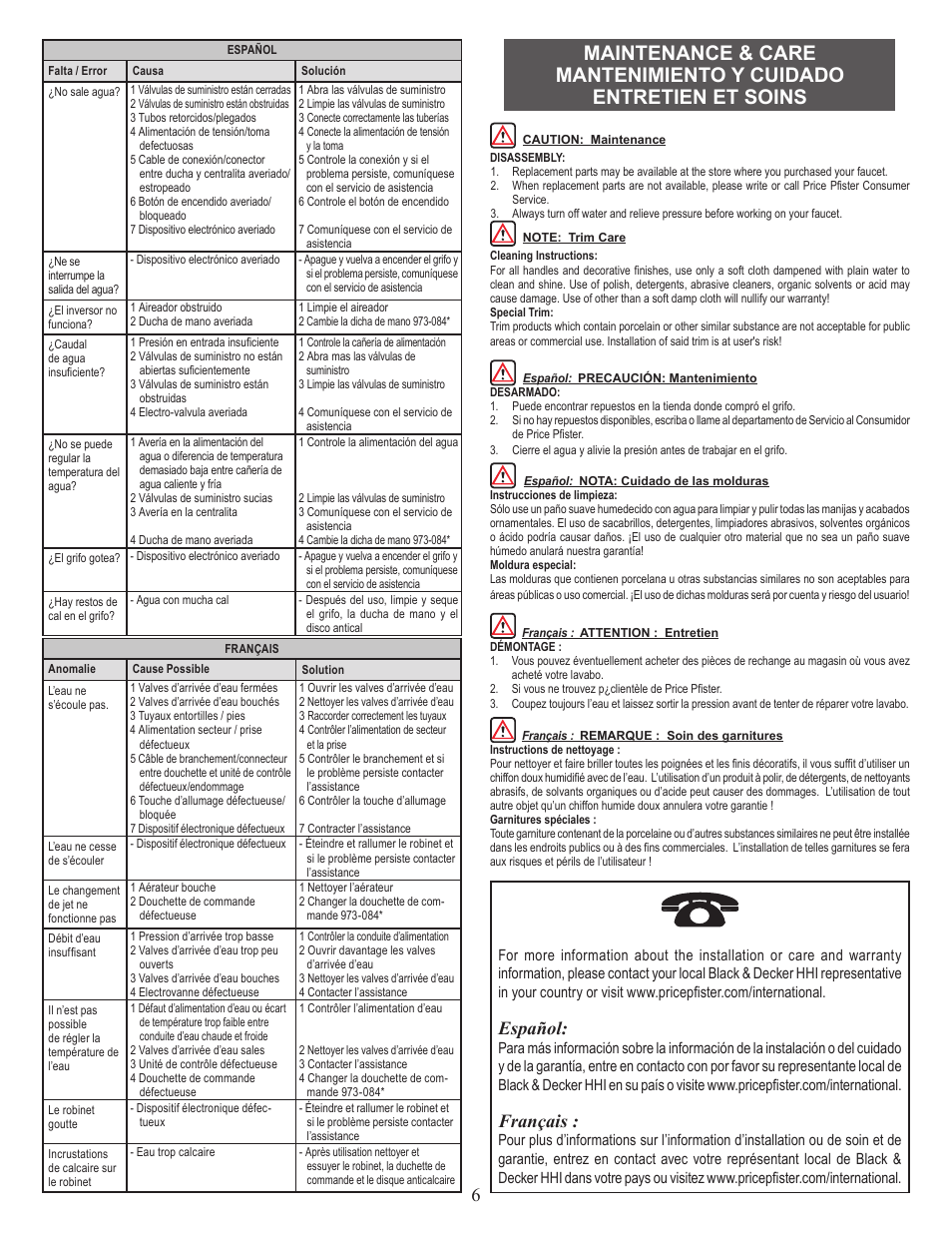 Español, Français | Pfister 527-1PNK User Manual | Page 6 / 8
