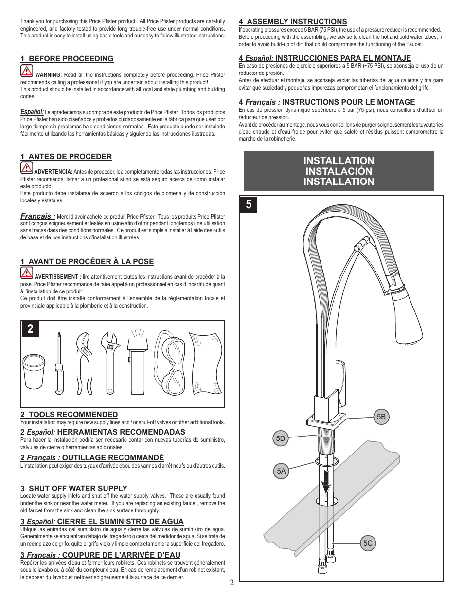Installation instalación installation | Pfister 526-1PNC User Manual | Page 2 / 6