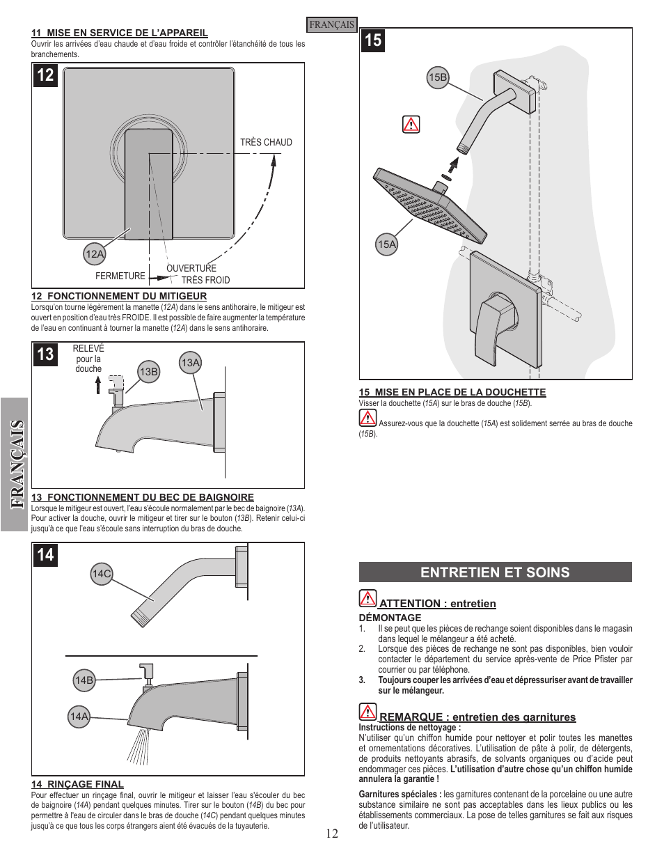 Fran ç ais, Entretien et soins | Pfister R89-7DFC User Manual | Page 12 / 14