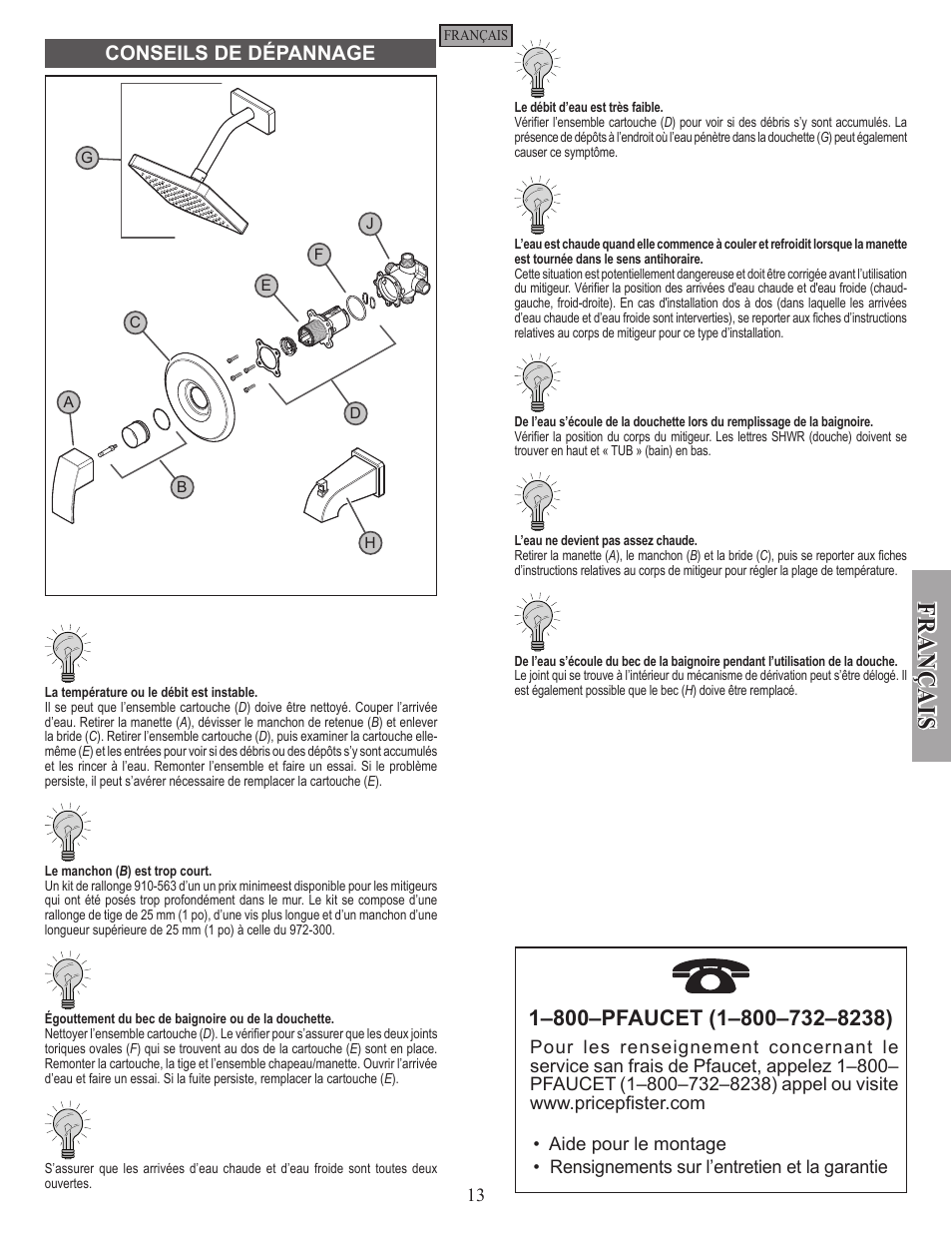 Fran ç ais, Conseils de dépannage | Pfister R89-7DFC User Manual | Page 13 / 14