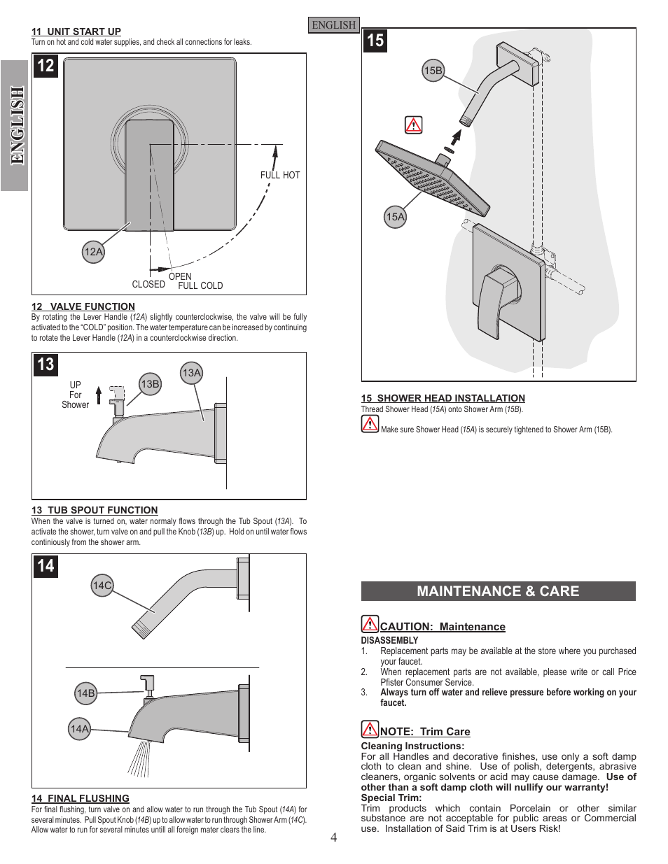 English, Maintenance & care | Pfister R89-7DFC User Manual | Page 4 / 14