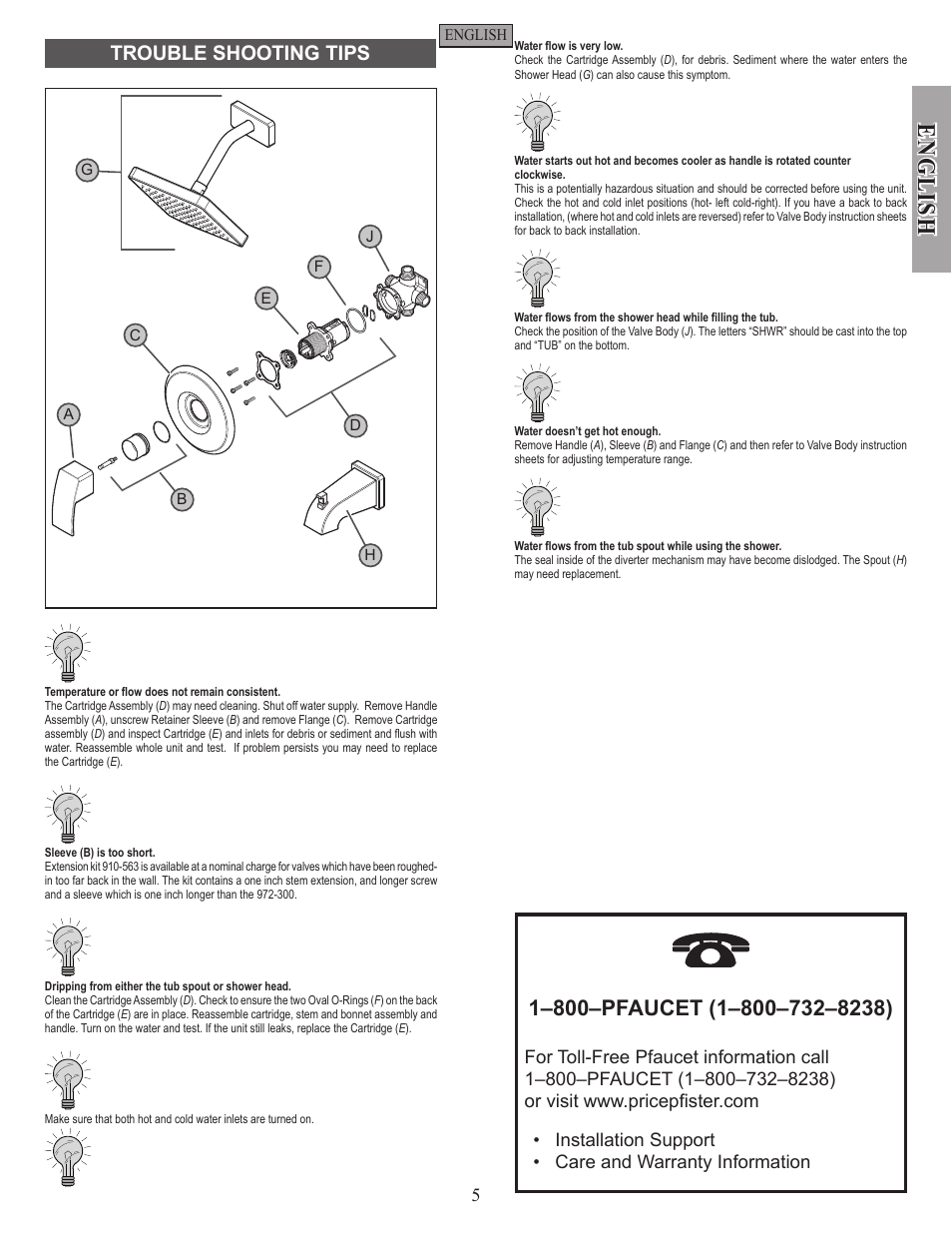 English, Trouble shooting tips | Pfister R89-7DFC User Manual | Page 5 / 14