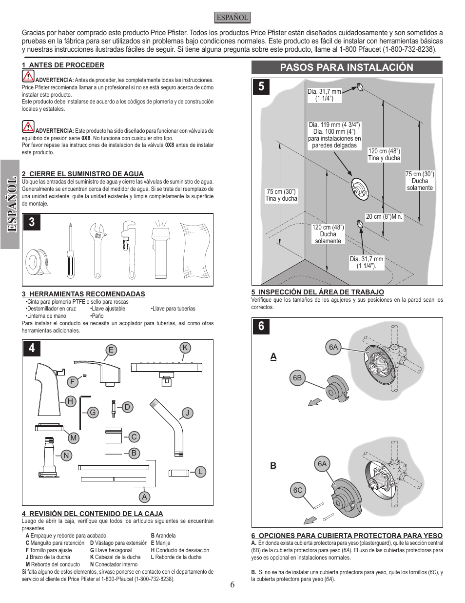 Esp a ñ ol, Pasos para instalación, 6a b | Pfister R89-7DFC User Manual | Page 6 / 14