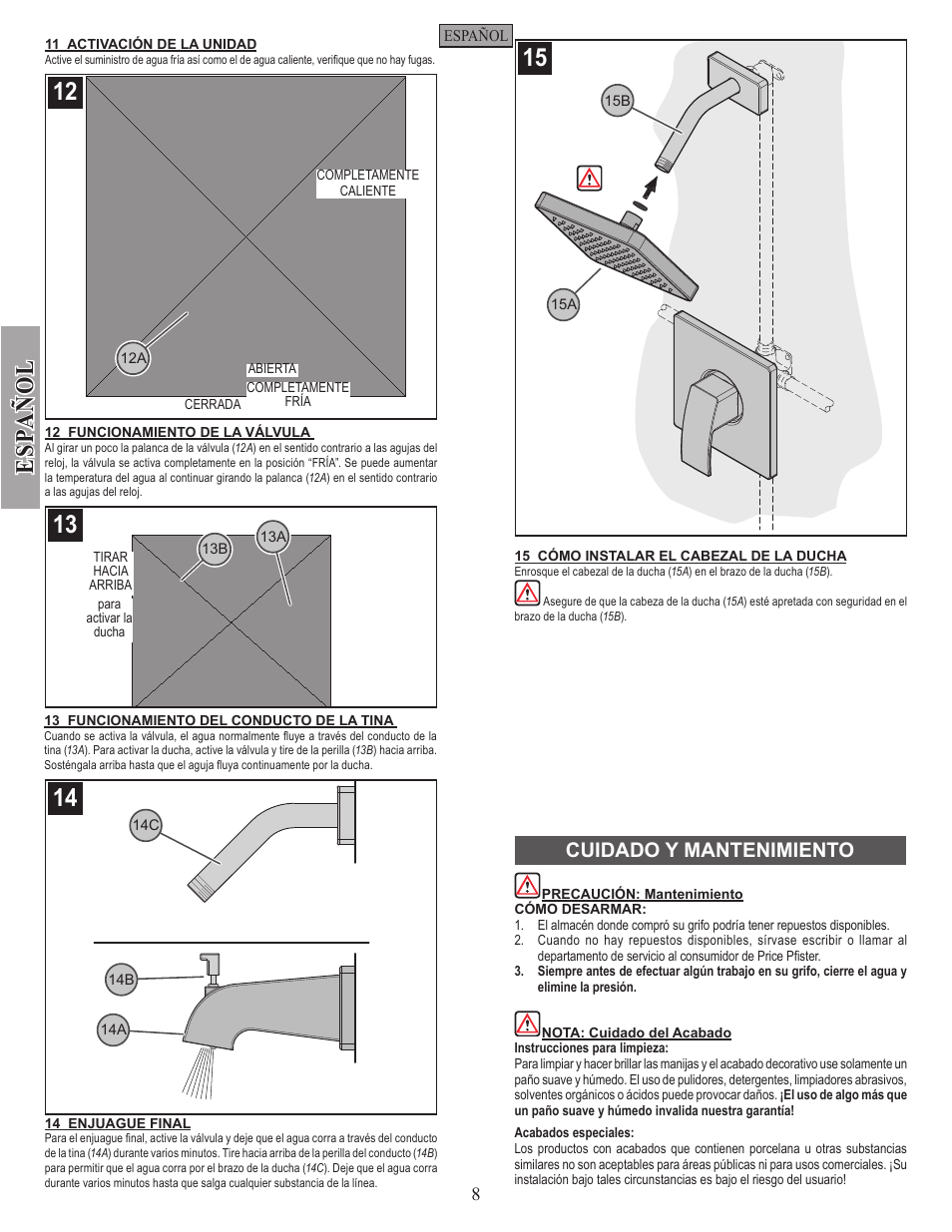 Esp a ñ ol, Cuidado y mantenimiento | Pfister R89-7DFC User Manual | Page 8 / 14