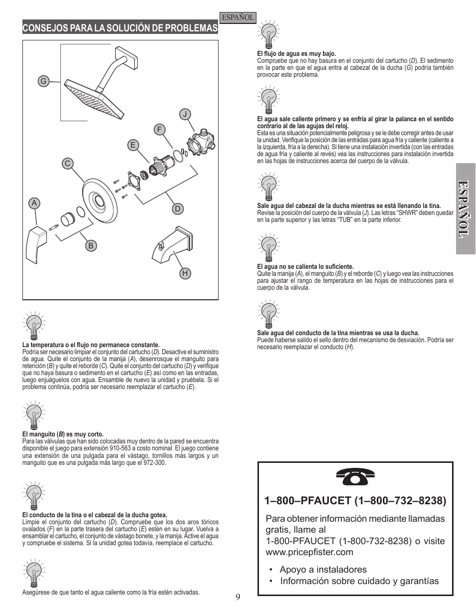 Esp a ñ ol, Consejos para la solución de problemas | Pfister R89-7DFC User Manual | Page 9 / 14