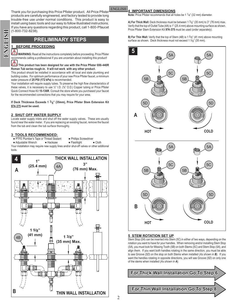 English, Ba b, Preliminary steps | Thick wall installation thin wall installation | Pfister RT6-3DFC User Manual | Page 2 / 14