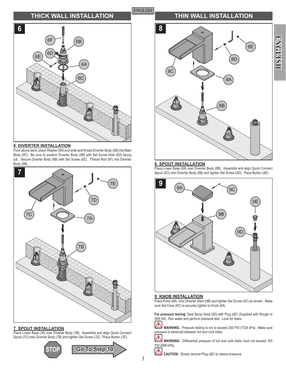 English, Stop, Ba b | Thick wall installation thin wall installation | Pfister RT6-3DFC User Manual | Page 3 / 14