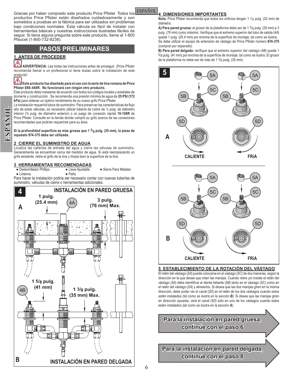 Esp a ñ ol, Ba b, Pasos preliminares | Pfister RT6-3DFC User Manual | Page 6 / 14