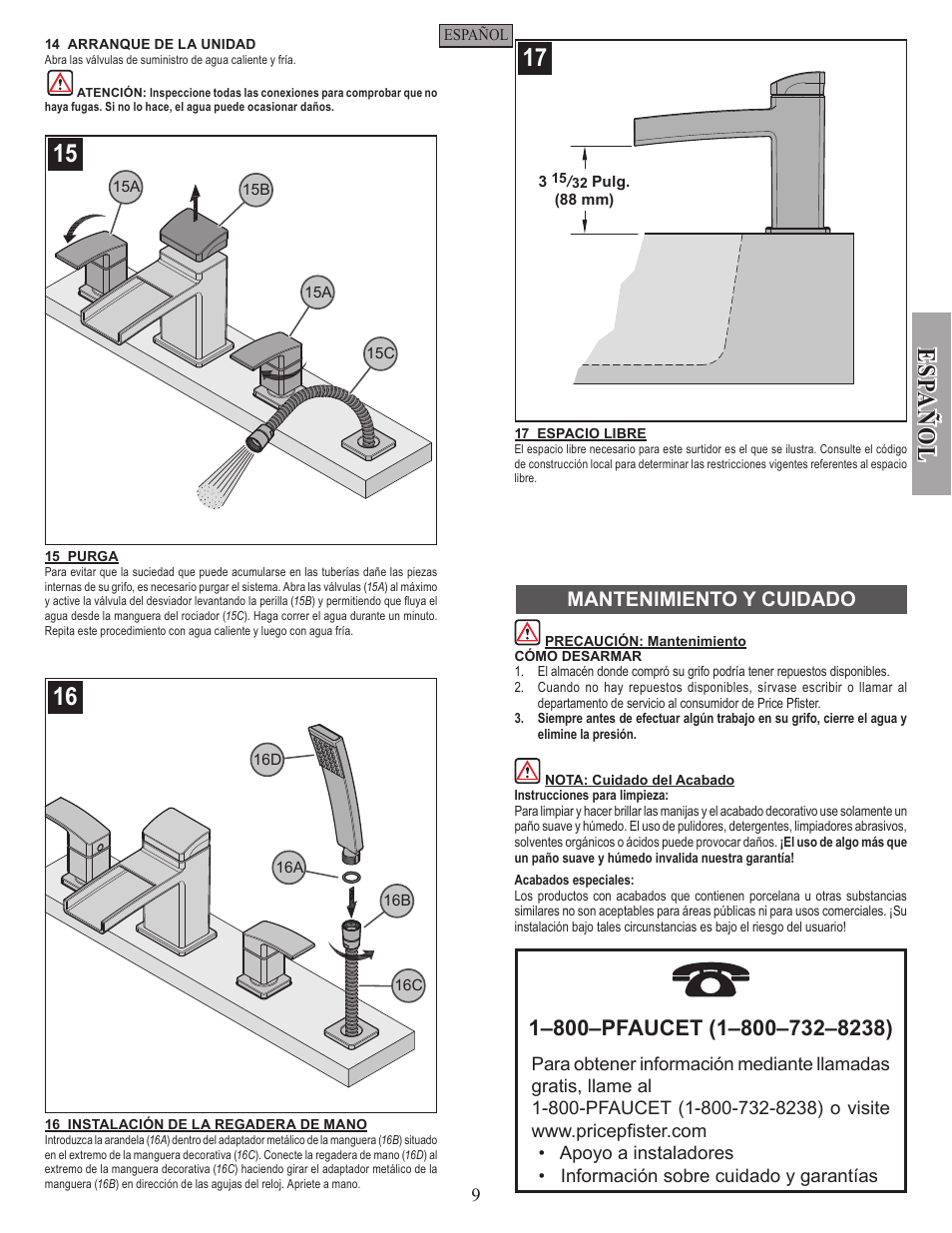 Esp a ñ ol, Mantenimiento y cuidado | Pfister RT6-3DFC User Manual | Page 9 / 14