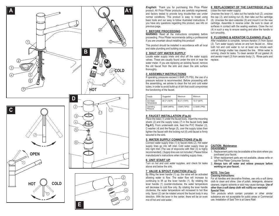 Aa1 b c e d, Hot cold hot open cold | Pfister A34-LNFC User Manual | Page 2 / 6