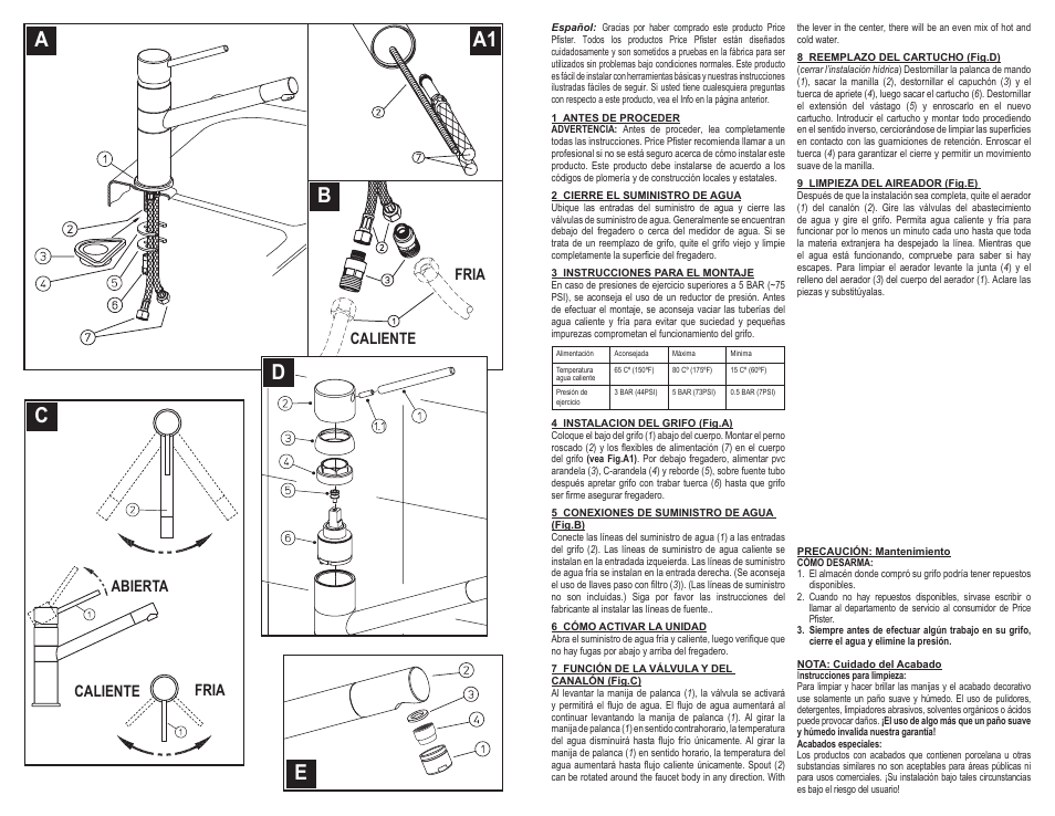 Aa1 b c e d, Fria abierta caliente fria caliente | Pfister A34-LNFC User Manual | Page 3 / 6