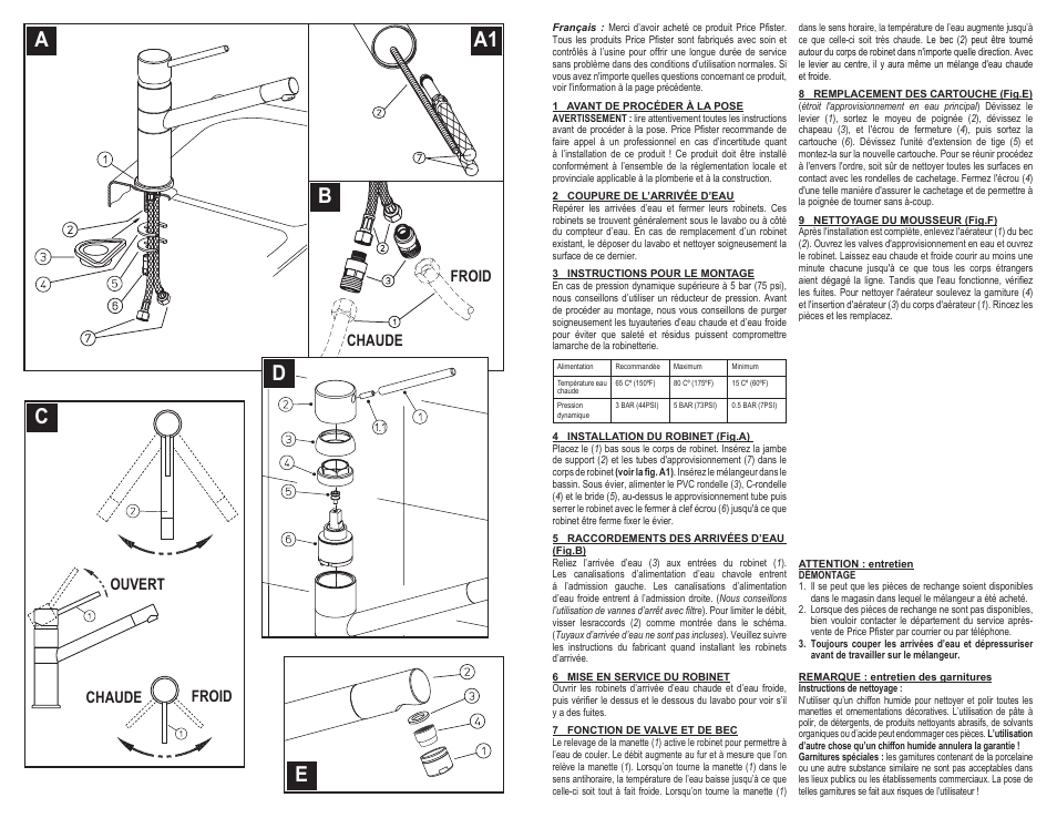 Aa1 b c e d, Ouvert chaude chaude froid froid | Pfister A34-LNFC User Manual | Page 4 / 6
