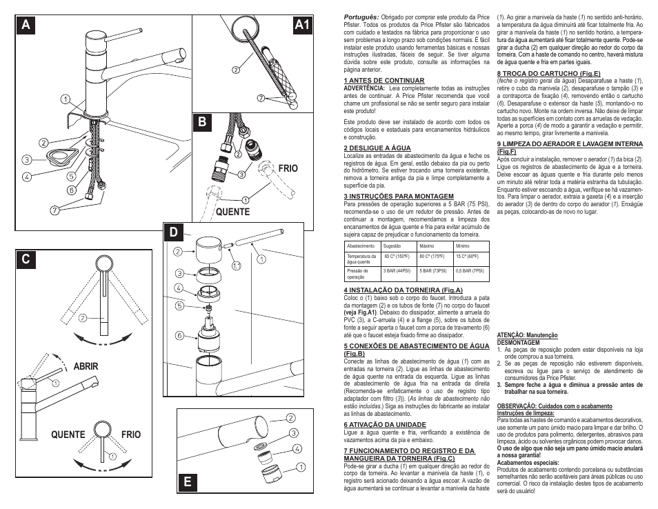 Aa1 b c e d, Abrir quente quente frio frio | Pfister A34-LNFC User Manual | Page 5 / 6