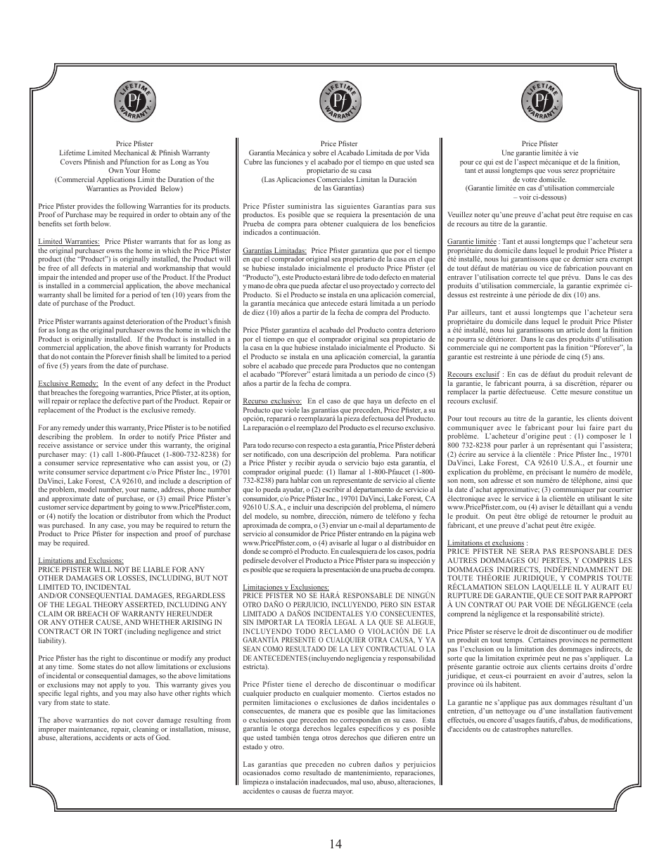 Pfister 016-500SP User Manual | Page 14 / 14