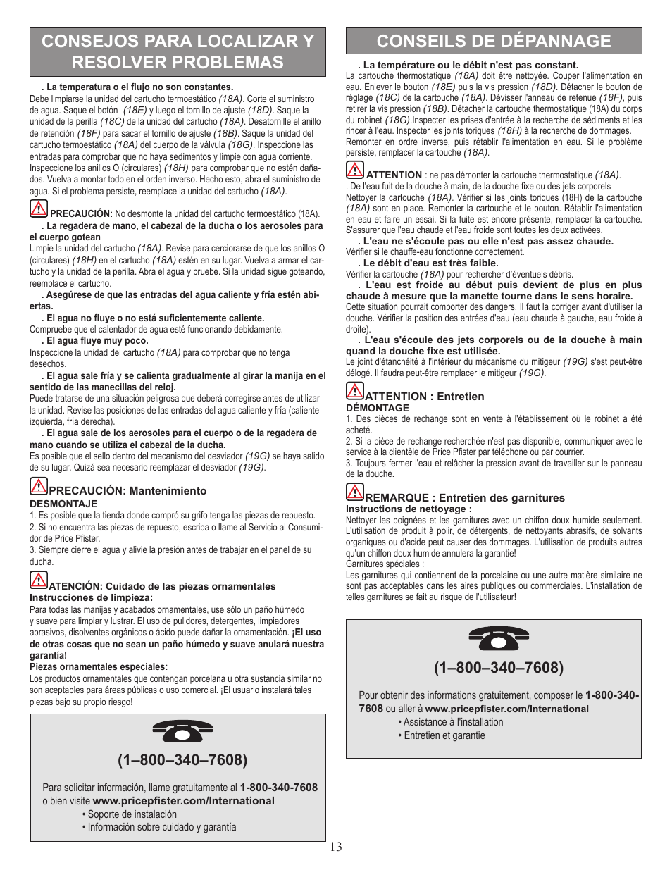 Consejos para localizar y resolver problemas, Conseils de dépannage | Pfister 016-600SP User Manual | Page 13 / 14