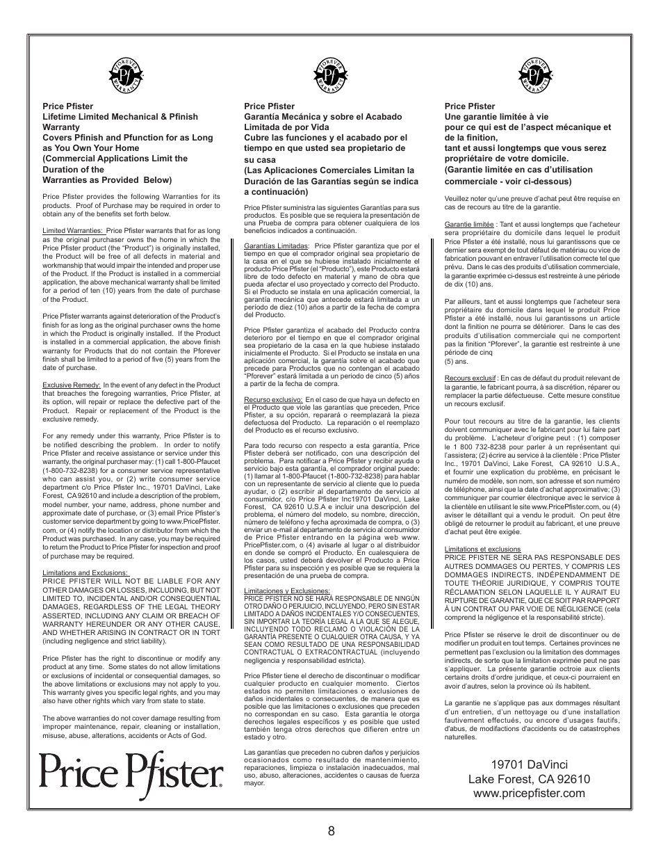 Pfister E42-BNFC User Manual | Page 8 / 8