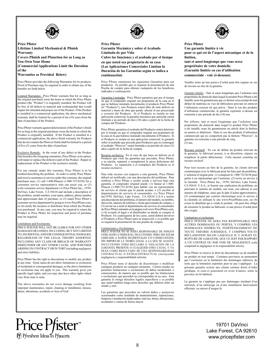 Pfister E23-BMFC User Manual | Page 8 / 8