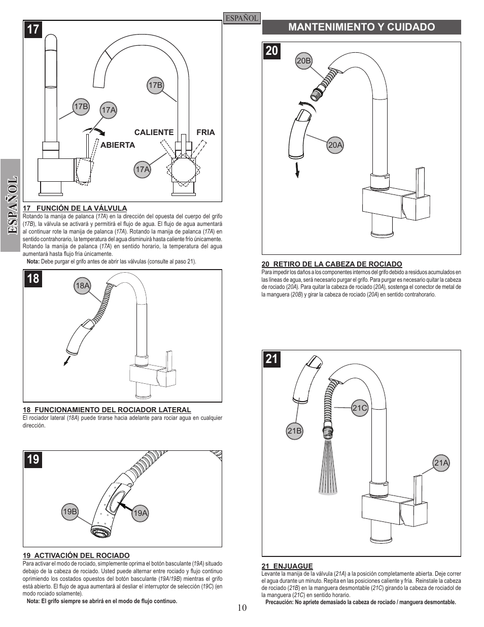 Esp a ñ ol, Mantenimiento y cuidado | Pfister E533-MNFC User Manual | Page 10 / 18