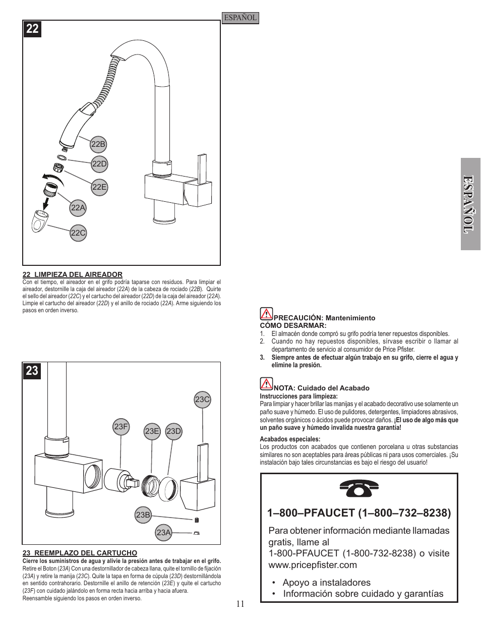 Esp a ñ ol | Pfister E533-MNFC User Manual | Page 11 / 18