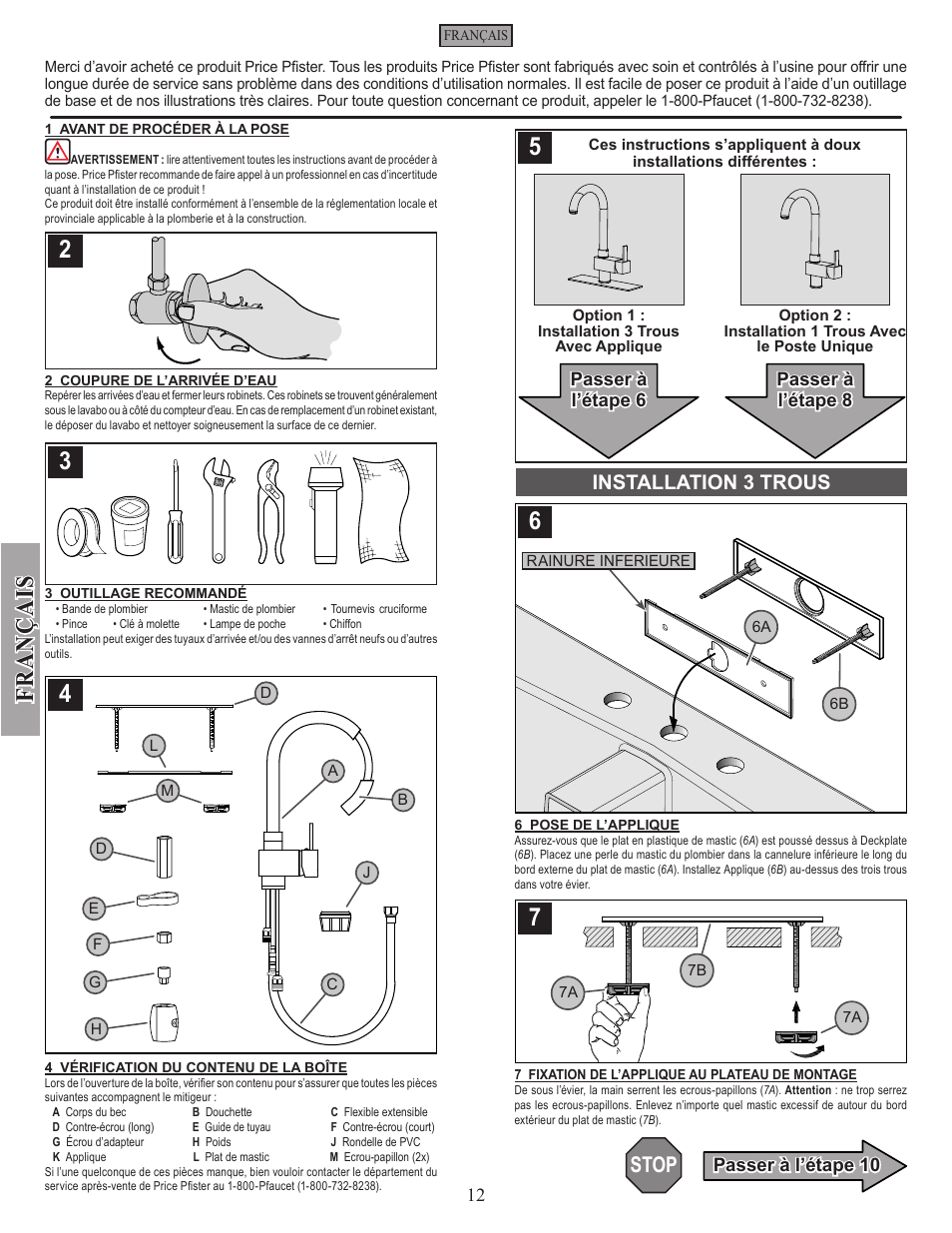 Fran ç ais, Stop, Installation 3 trous | Pfister E533-MNFC User Manual | Page 12 / 18