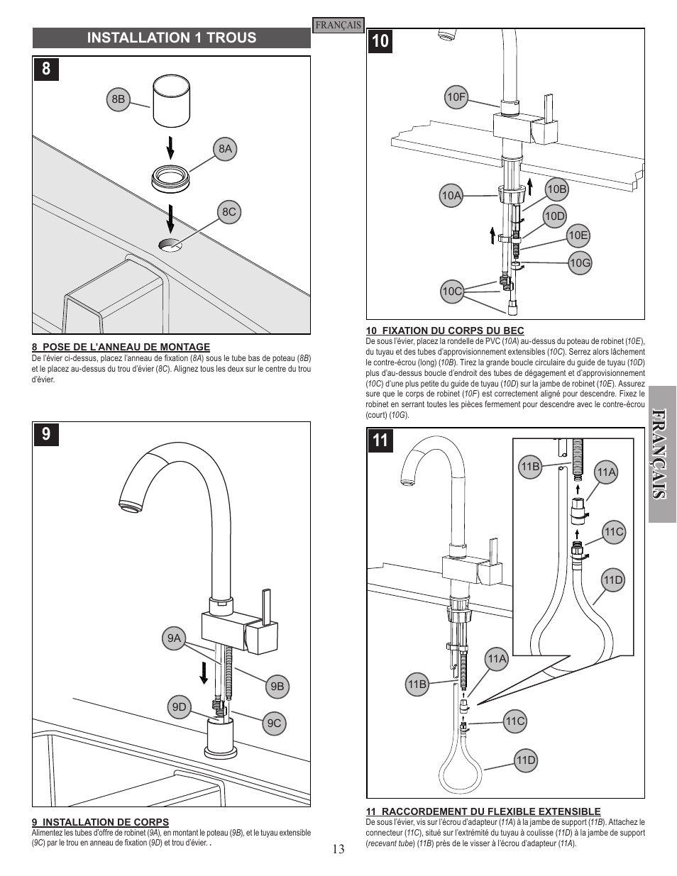 Fran ç ais, Installation 1 trous | Pfister E533-MNFC User Manual | Page 13 / 18