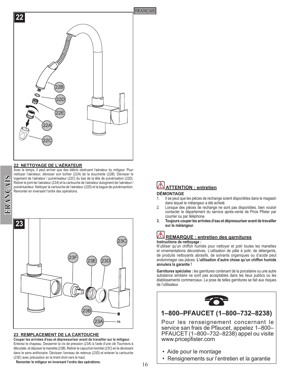 Fran ç ais | Pfister E533-MNFC User Manual | Page 16 / 18
