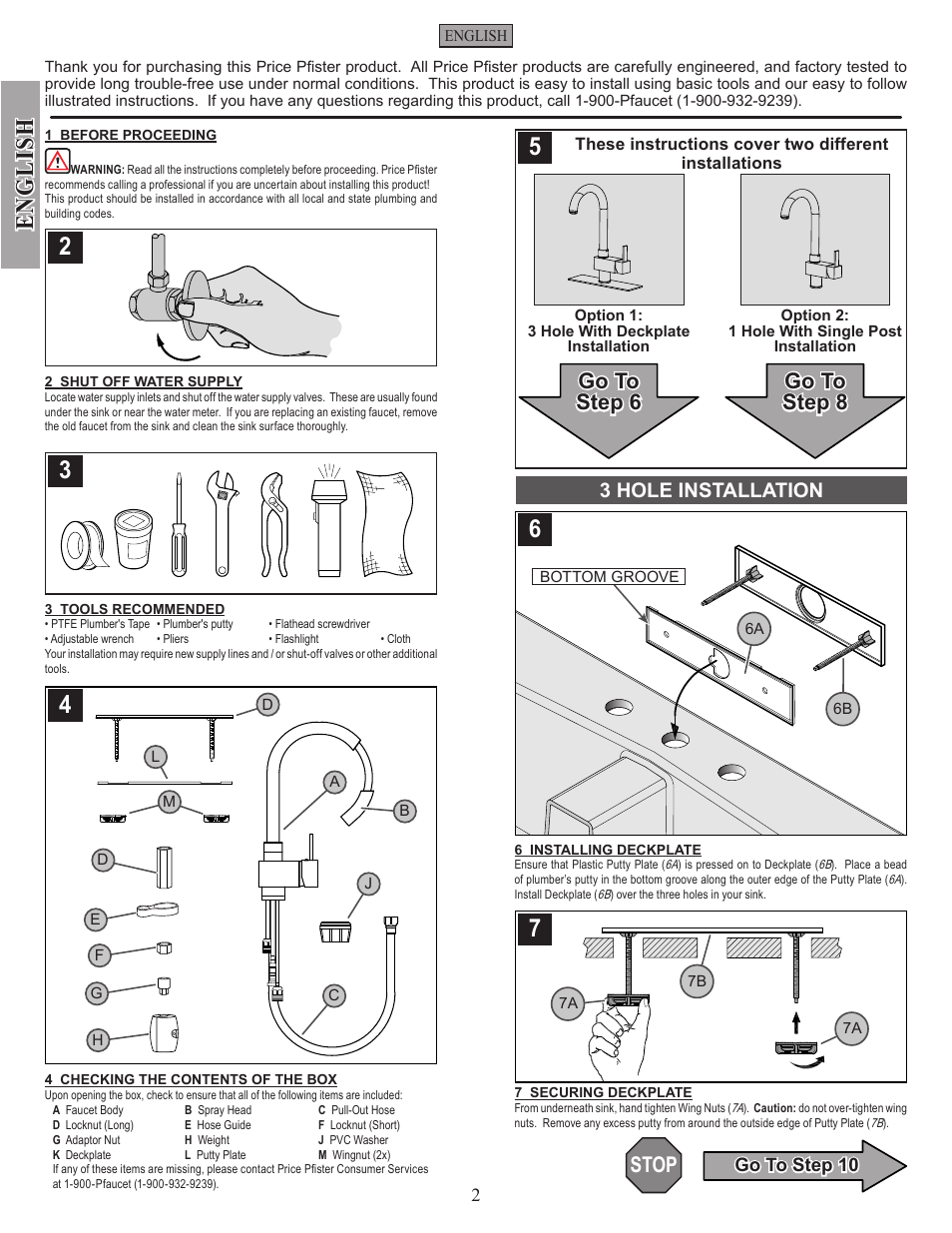 English, Stop, Go to step 8 | Go to step 6, 3 hole installation | Pfister E533-MNFC User Manual | Page 2 / 18