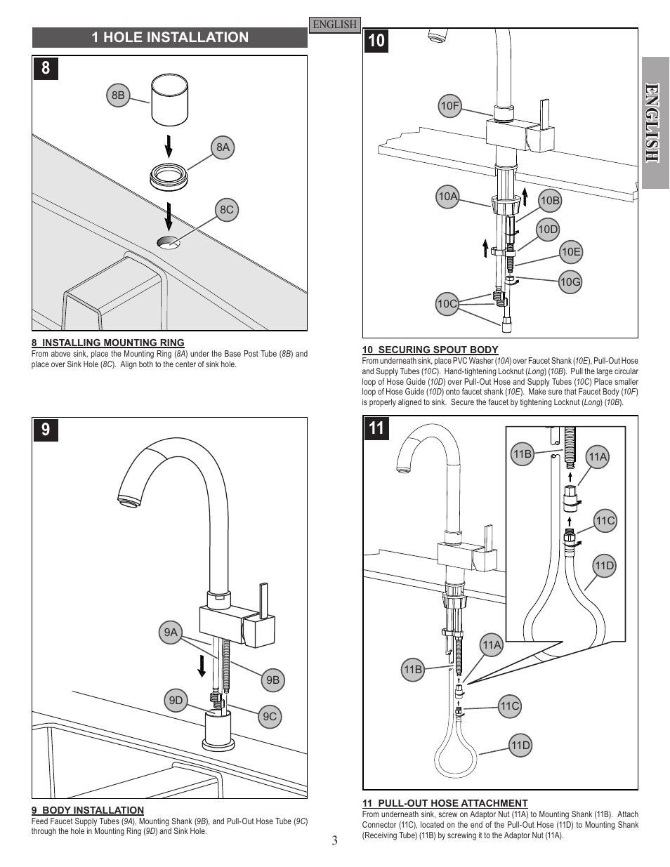 English, 1 hole installation | Pfister E533-MNFC User Manual | Page 3 / 18