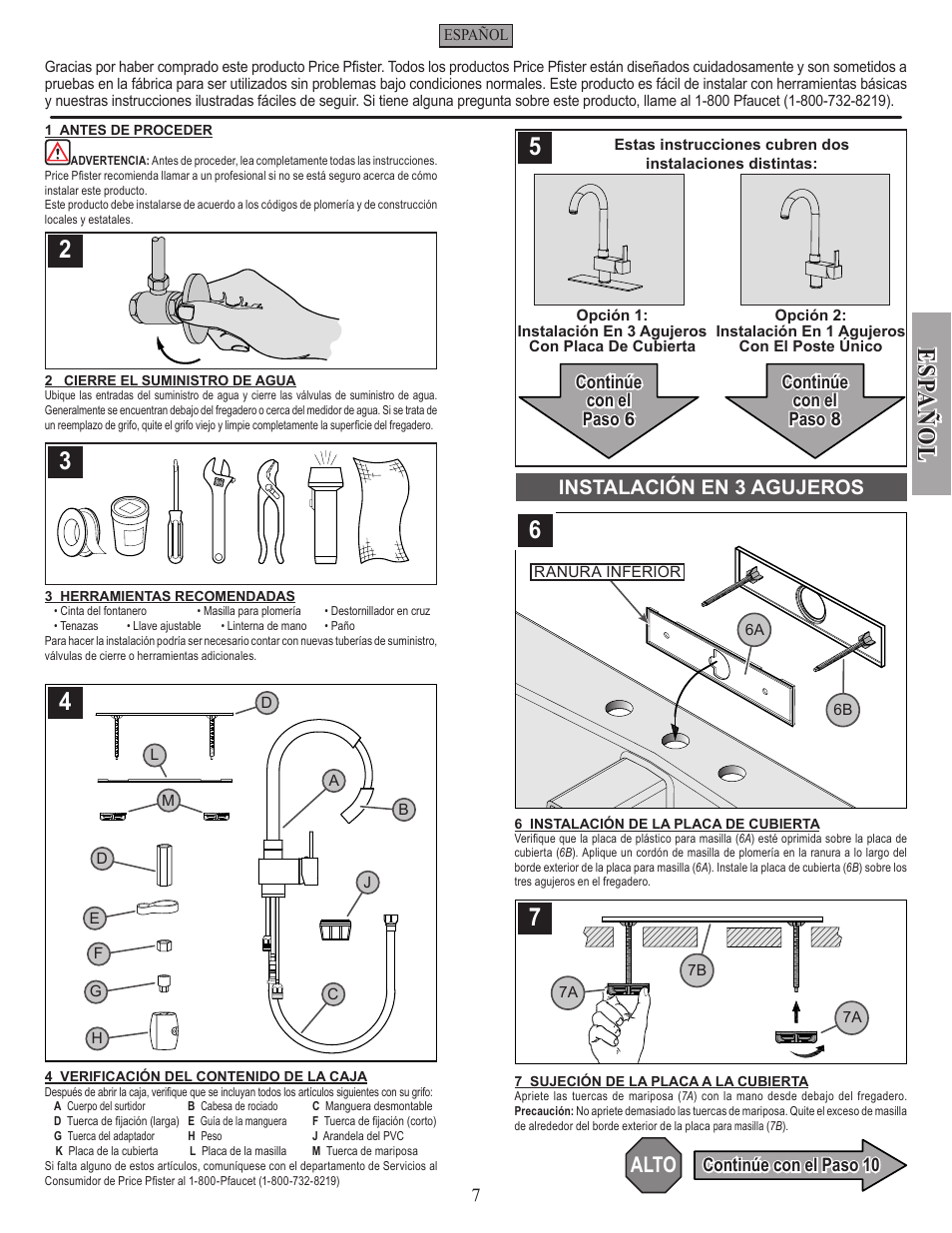 Esp a ñ ol, Alto, Instalación en 3 agujeros | Pfister E533-MNFC User Manual | Page 7 / 18