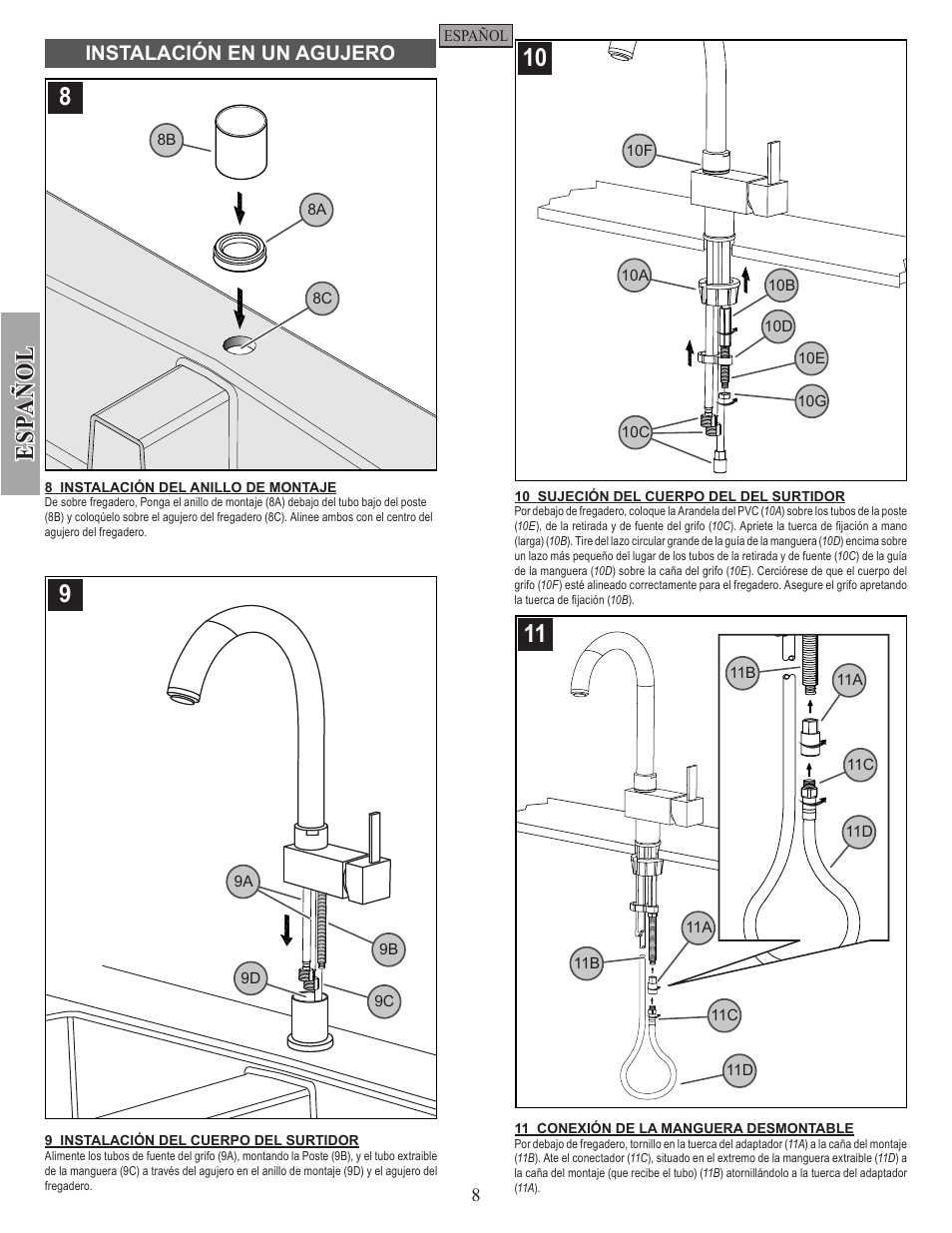 Esp a ñ ol, Instalación en un agujero | Pfister E533-MNFC User Manual | Page 8 / 18